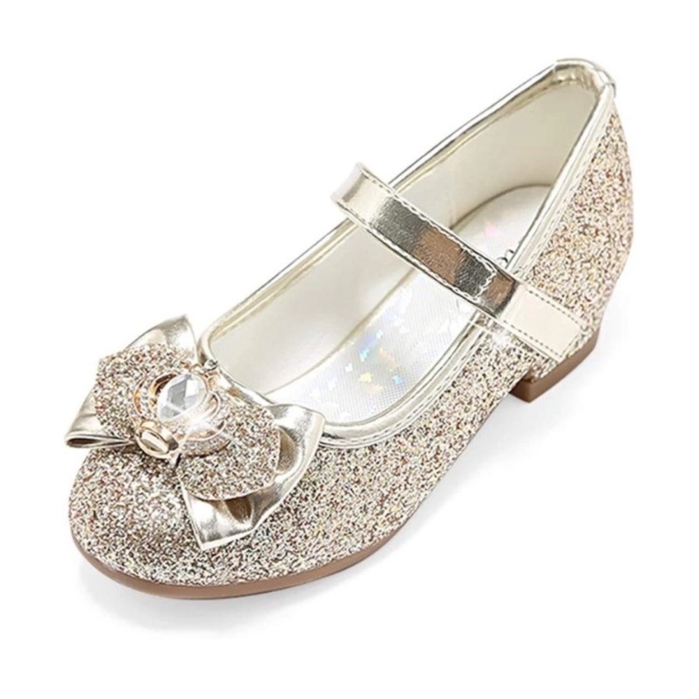 Stelle Girls' Mary Jane Hook & Loop Dress Shoes Gold Glitter Bow Gem Low Heel
